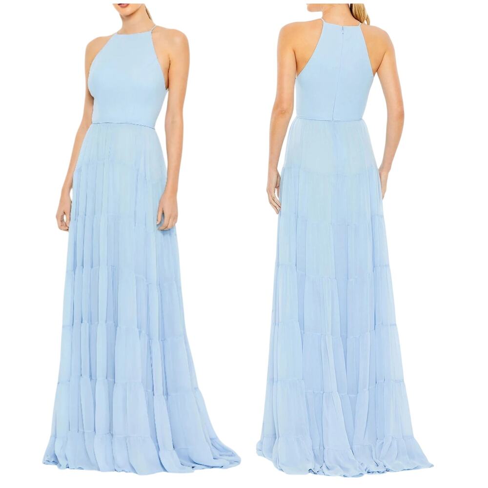 Mac Duggal NWT Tiered A-line Halter Gown Size 2 Sleeveless Ruffle Powder Blue